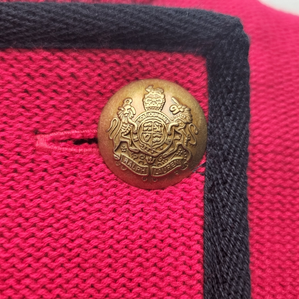 Lauren RALPH LAUREN RED Sweater Military BLAZER JACKET Sz M Gold Button Holiday - Picture 6 of 10
